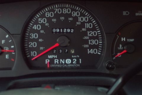 2001 Ford Crown Victoria - Close-up of a car's instrument cluster, showing the speedometer, odometer, and gear indicator.