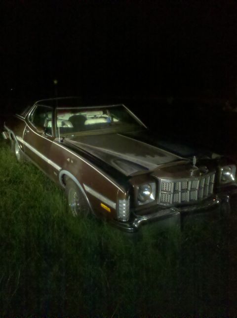 1974 Ford Elite - The 1974 Ford Elite is visible from the front quarter angle, parked in grass at night.