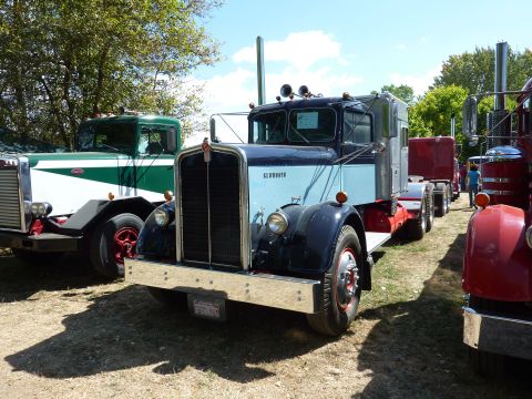 1981 Kenworth W900A - A vintage Kenworth truck is parked in a line with other trucks under a sunny sky.