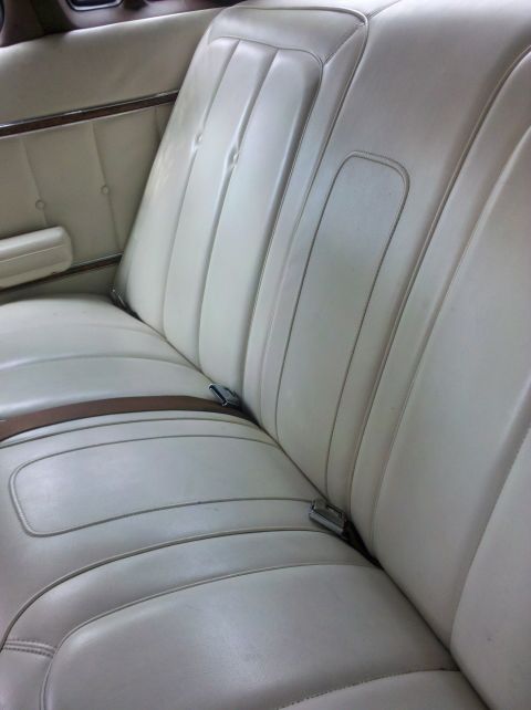 1974 Ford Elite - Interior view of a car's rear bench seat with visible seatbelts and door panel trim.