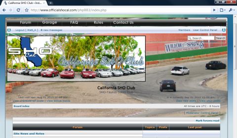 1993 Ford Taurus - A screenshot of the California SHO Club website, displaying a banner of parked cars and a race track with cars in motion.