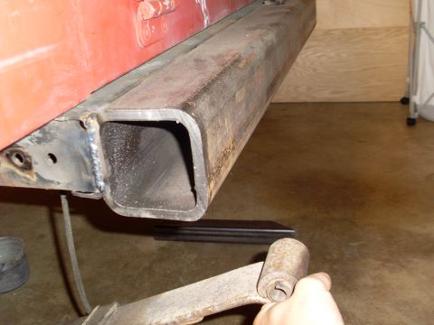 1985 Jeep CJ7 - Fabrication of a custom square tube rear bumper for a vehicle, showing welding details on the frame.