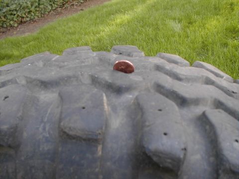 1980 Ford Bronco - A penny rests on the deep tread of a large tire, with a grassy area visible behind it.