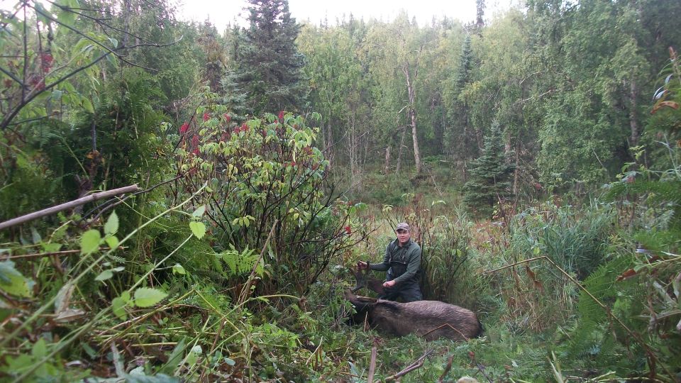 Hunter with downed animal in woods