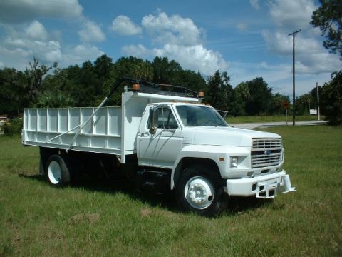 1996 Ford Bronco - White Ford F-series medium-duty cab-over-look conventional dump truck photographed in three-quarter front view from the passenger side, par…