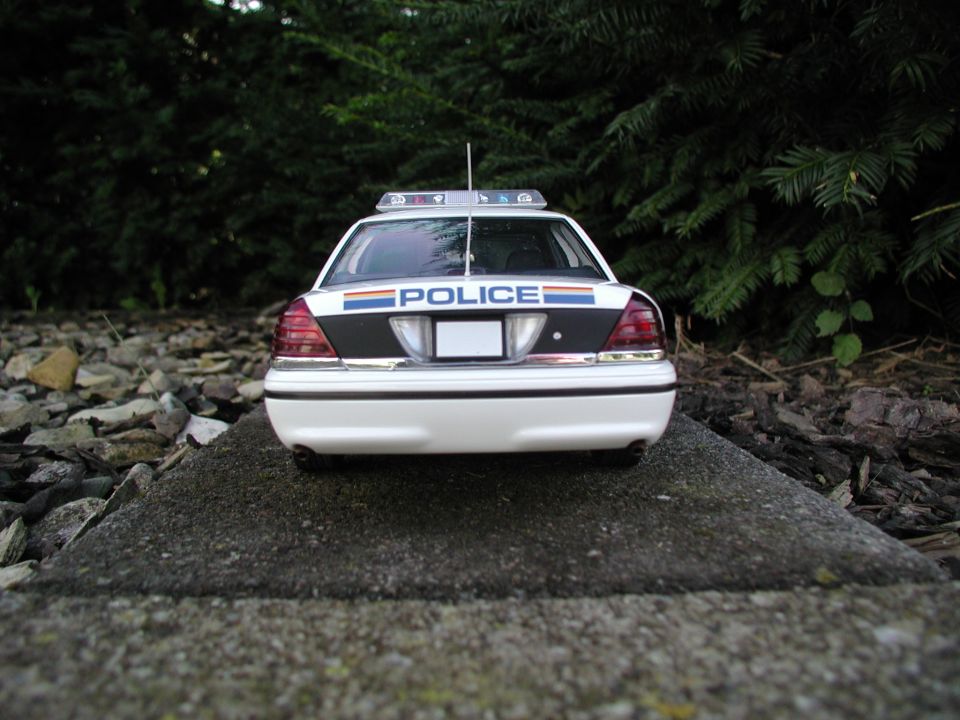 Rear of white and black die-cast police sedan model with roof light bar on concrete