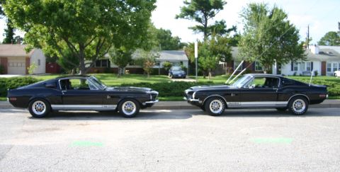 1968 Shelby GT500 - Two black 1968 Shelby GT500 Mustangs are parked side-by-side in front of houses.