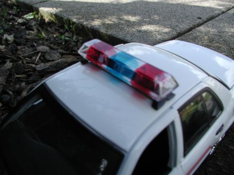 2001 Audi A4 - A close-up view of a toy police car's light bar, set against a backdrop of gravel and mulch.
