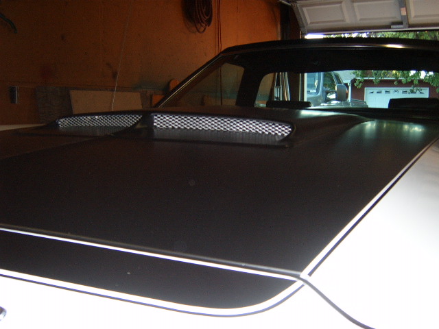 car hood with black matte finish and dual scoops, white stripe on fender, another vehicle visible in background through garage door