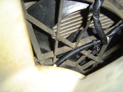 1994 Ford Crown Victoria - Close-up view of a vehicle's radiator fan and grille assembly, showing wiring and mounting hardware.