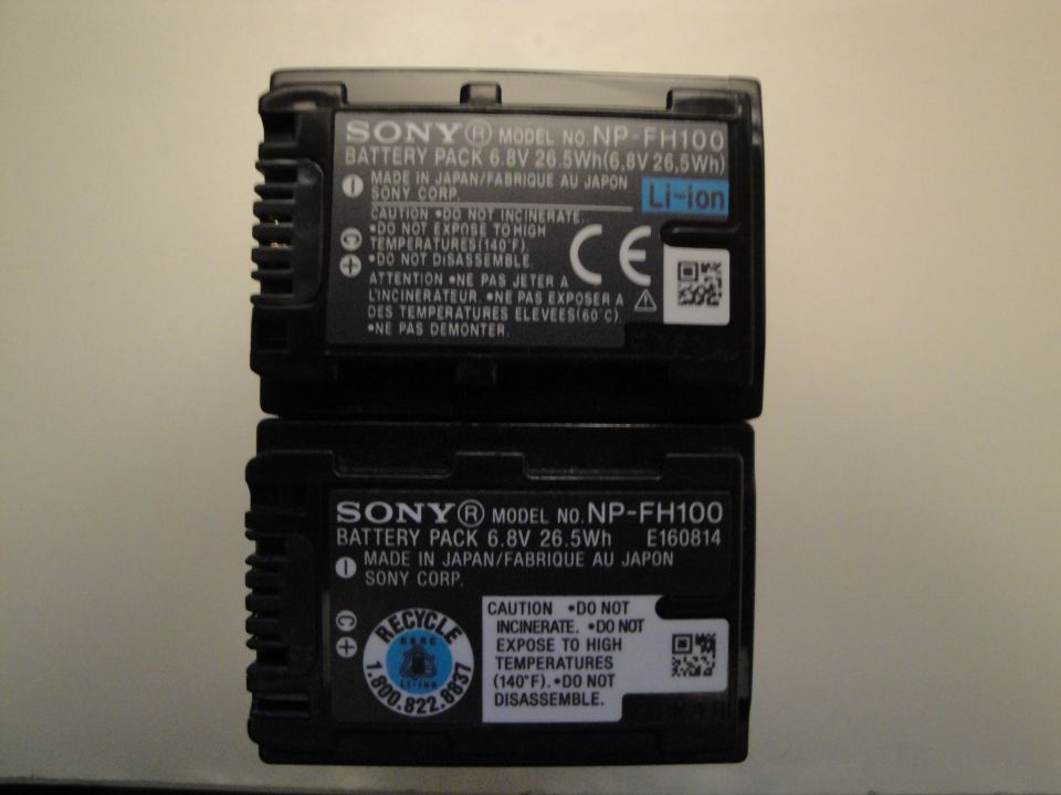 Two Sony NP-FH100 battery packs stacked