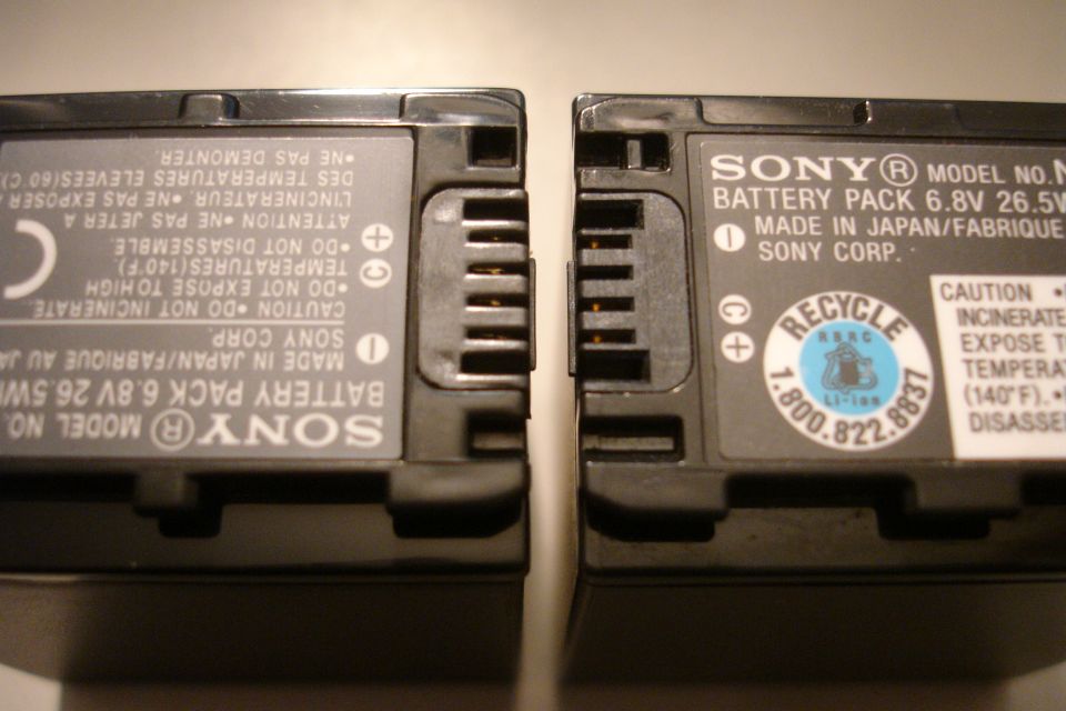 Two Sony battery packs, model number and voltage visible on labels