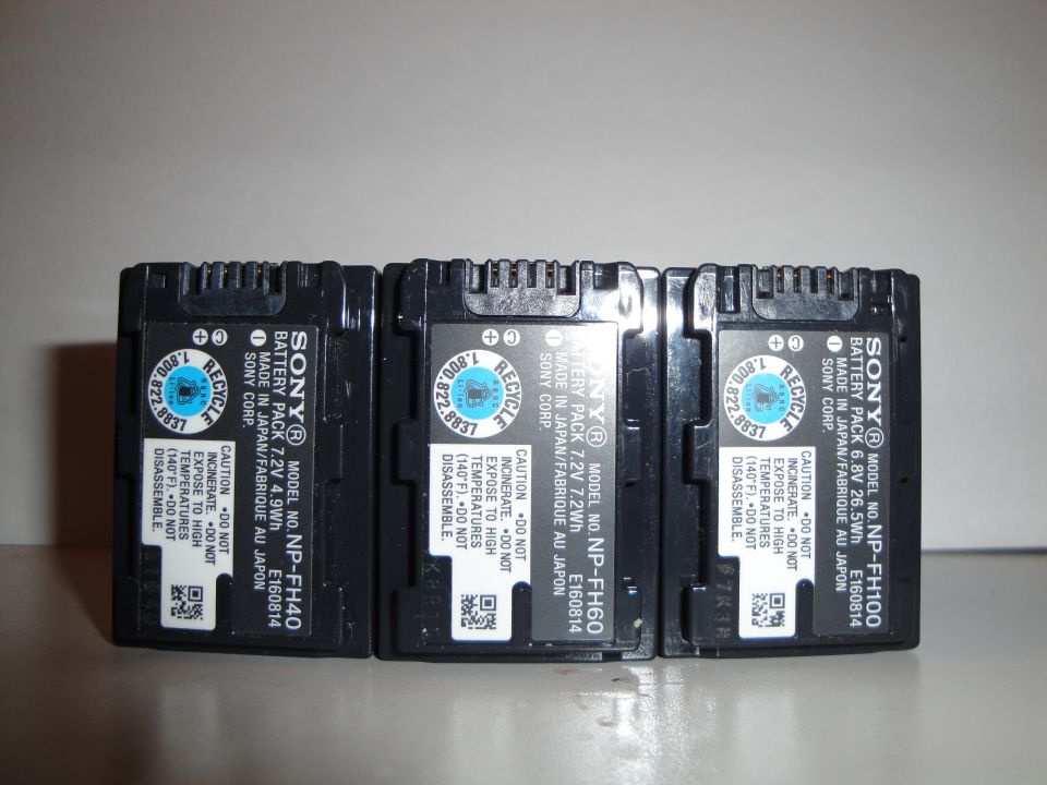 Three Sony NP-FH battery packs lined up. Models NP-FH40, NP-FH60, and NP-FH100 are visible