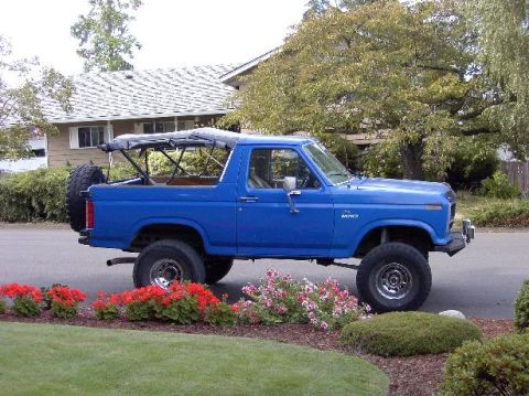 1980 Ford Bronco - Side view of a blue 1980 Ford Bronco with a soft top and a spare tire mounted on the rear.