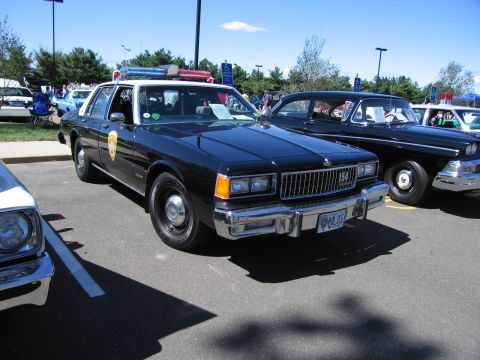 1991 Ford LTD Crown Victoria - black police sedan with a gold star door shield and roof light bar is parked among other patrol cars on a sunny day.