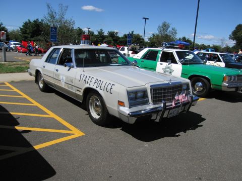 1991 Ford LTD Crown Victoria - white sedan marked STATE POLICE with a front push bar and roof lights sits beside a green-and-white patrol car at a show.