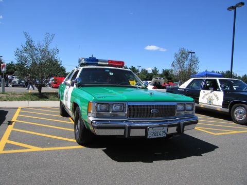 1991 Ford LTD Crown Victoria - front of a green-and-white Ford police sedan with a roof light bar and license plate 281435 at an outdoor vehicle show.