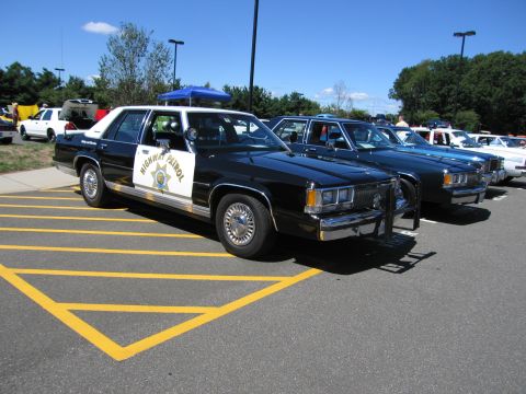 1991 Ford LTD Crown Victoria - black-and-white sedan marked HIGHWAY PATROL with a gold star door shield and front push bar is parked in a hatched show space.