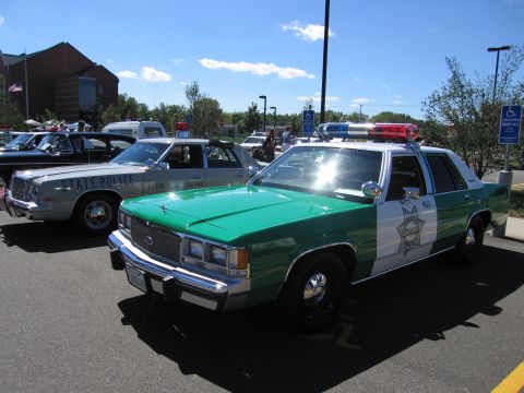 1991 Ford LTD Crown Victoria - green-and-white Ford police sedan with a star door shield and roof light bar sits beside a STATE POLICE car at an outdoor show.