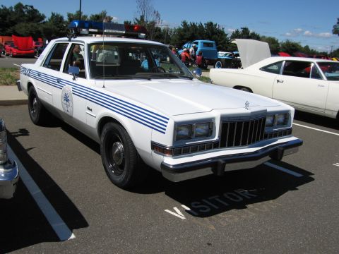 1991 Ford LTD Crown Victoria - white Dodge Diplomat police cruiser with blue side stripes and a roof light bar parked at a car show.