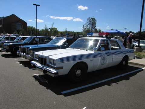 1991 Ford LTD Crown Victoria - white Dodge Diplomat marked POLICE with blue stripes parked beside a row of vintage cruisers at a show.