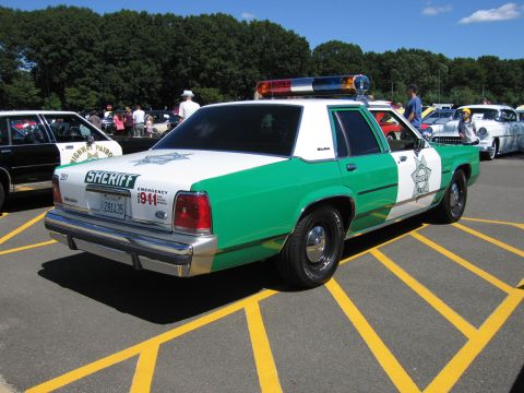 1991 Ford LTD Crown Victoria - green-and-white Sheriff Ford Crown Victoria cruiser with a roof light bar parked on a striped lot.