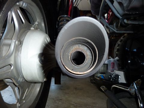 1978 Honda GL1000 - The inner workings of a motorcycle's exhaust system are visible in this close-up shot.