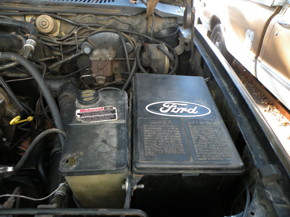 Engine bay with black Ford air cleaner box and Motorcraft coolant reservoir