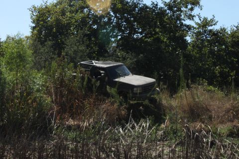 1992 Ford Bronco - This 1992 Ford Bronco is partially obscured by dense vegetation, suggesting it has been abandoned or is in a remote location.