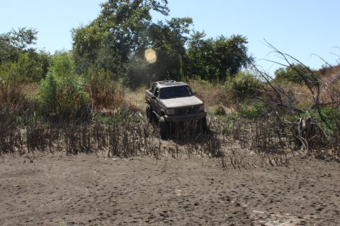 1992 Ford Bronco - This 1992 Ford Bronco appears to be stuck in a muddy area surrounded by dry grass and trees.