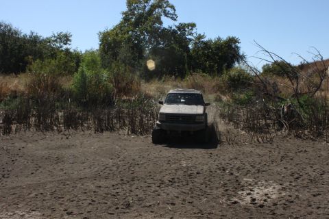 1992 Ford Bronco - A tan 1992 Ford Bronco navigates a muddy terrain with dense vegetation surrounding it.