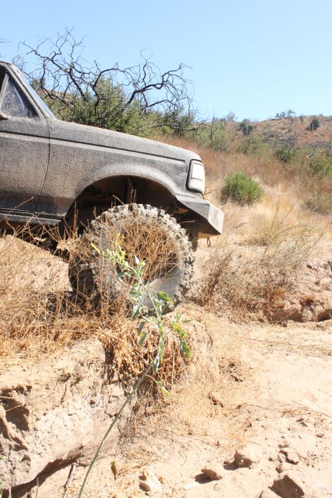 1992 Ford Bronco - A mud-splattered 1992 Ford Bronco navigates a challenging off-road trail.