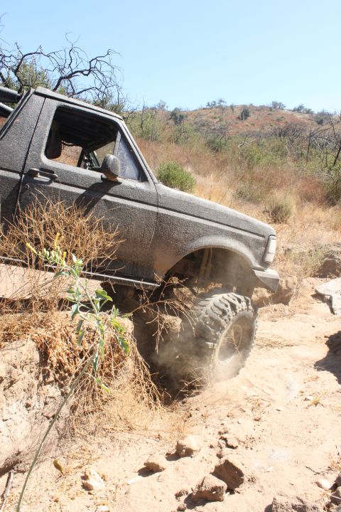 1992 Ford Bronco - This 1992 Ford Bronco navigates a challenging dirt trail with large tires.