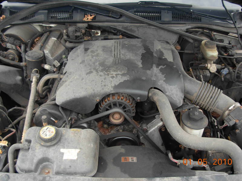 Engine bay with V8 engine, alternator, and coolant reservoir. Watermark shows 01.05.2010