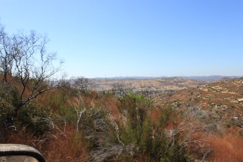 1992 Ford Bronco - A view of a dry, hilly landscape under a clear blue sky, with scrub brush and trees in the foreground.