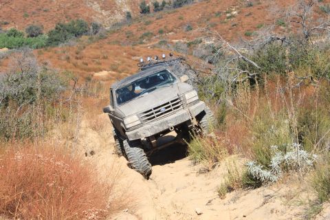 1992 Ford Bronco - This truck appears to be from the early 1990s, possibly a Ford F-150 or similar model, navigating a challenging off-road path.