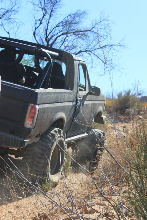 1992 Ford Bronco - This 1992 Ford Bronco is equipped with large off-road tires and is navigating a dirt trail.