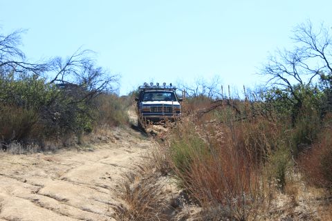 1992 Ford Bronco - A Ford truck navigates a dusty, off-road trail under a clear blue sky.