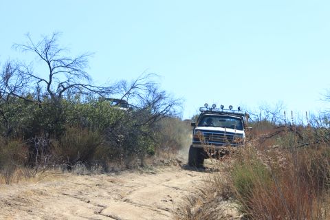 1992 Ford Bronco - Two trucks navigate a dusty trail through dry brush under a clear blue sky.