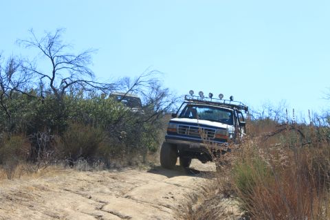 1992 Ford Bronco - Two off-road vehicles navigate a dry, brush-lined trail under a clear blue sky.