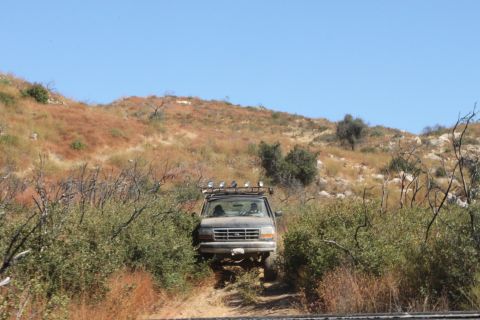 1992 Ford Bronco - A Ford F-Series truck navigates a dry, brush-filled trail under a clear blue sky.