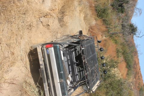 1992 Ford Bronco - A green 1992 Ford Bronco is parked on a dirt trail, equipped with a large roof rack and auxiliary lights.