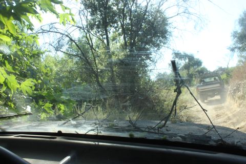1992 Ford Bronco - Another vehicle navigates a rough, overgrown path, seen through a debris-covered windshield.