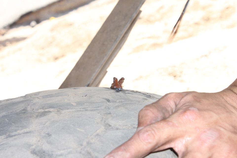 Tire plug inserted into a tire, with a hand pointing