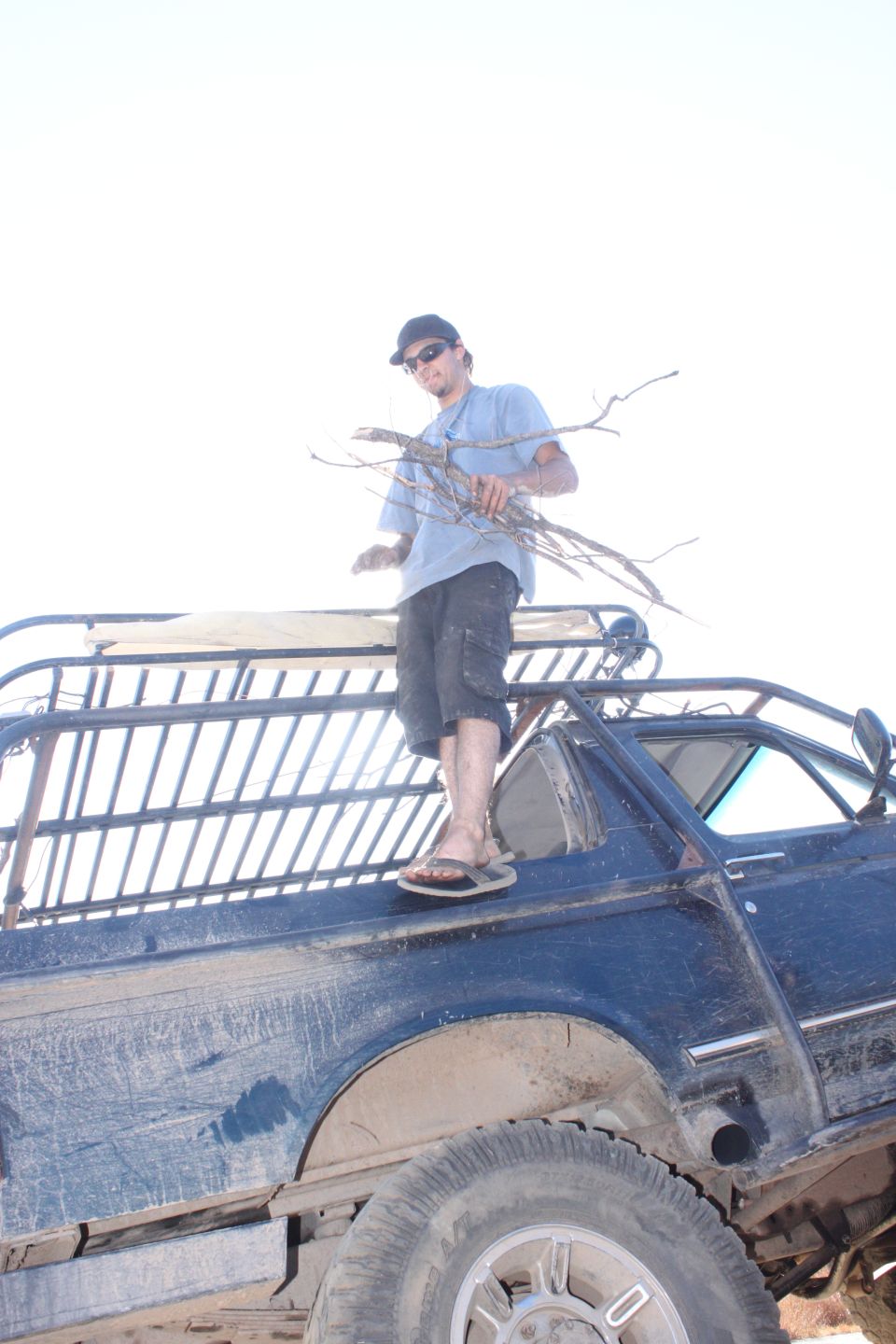 Dark blue pickup truck with a roof rack, viewed from the side at a low angle. A man stands on the rack holding branches