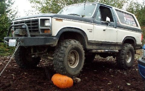 1982 Ford Bronco - A two-tone 1982 Ford Bronco is equipped for off-roading with large tires and a front winch.