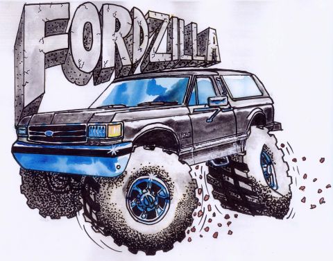 1989 Ford Bronco - Artwork depicts a 1989 Ford Bronco with "Fordzilla" branding and oversized wheels.