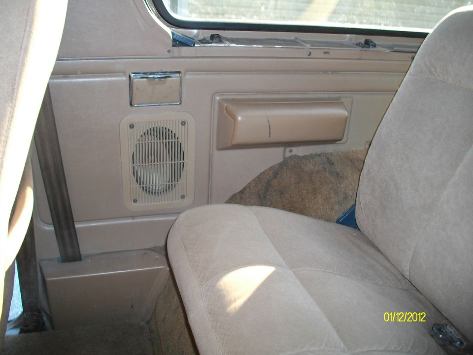 Interior door panel with speaker grille and armrest, rear seat visible