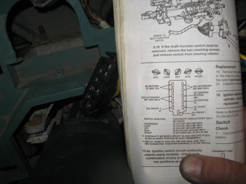 Ignition switch connector pinout and circuit continuity chart for early models, held by the steering column