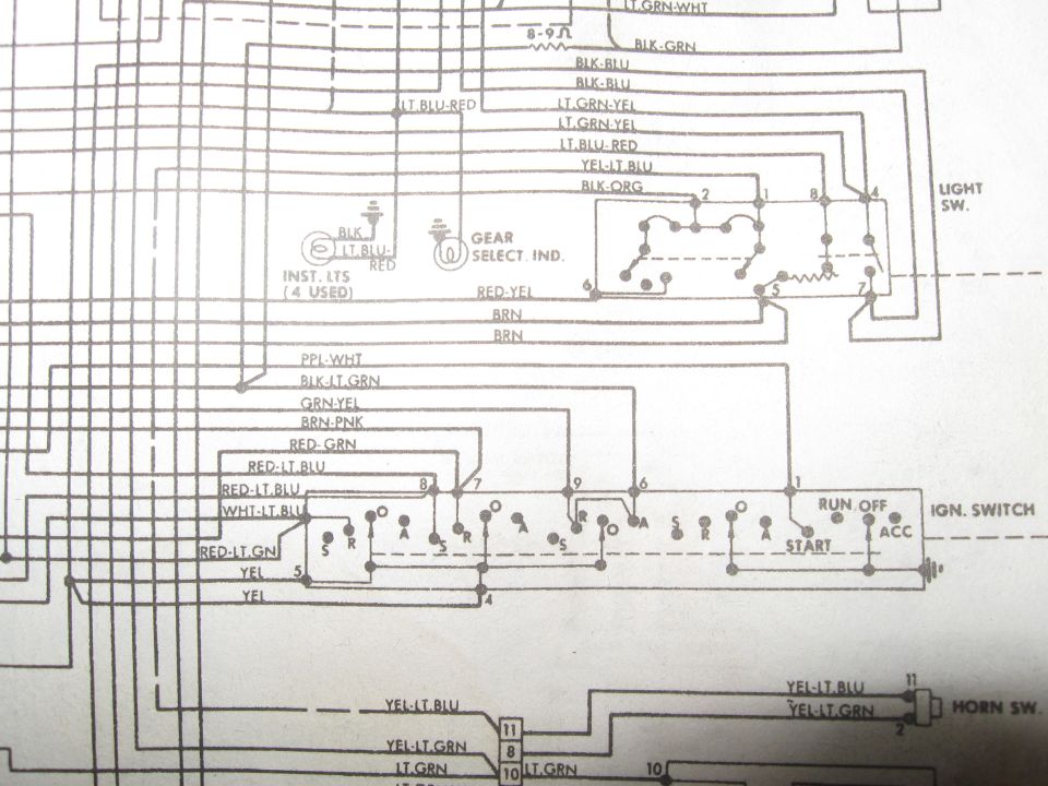Automotive wiring diagram with color-coded wire labels, ignition switch, light switch and horn switch